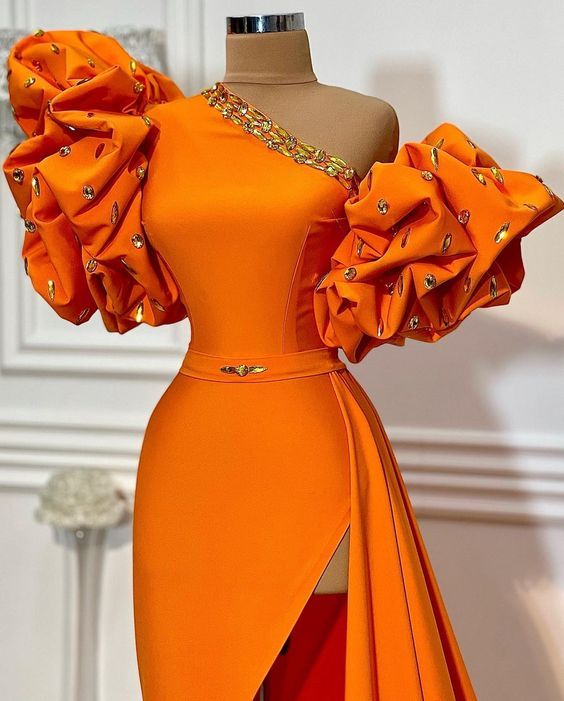 One Shoulder Unique Evening Dresses Long Orange Beaded Mermaid Elegant Simple Formal Evening Gown       fg5677