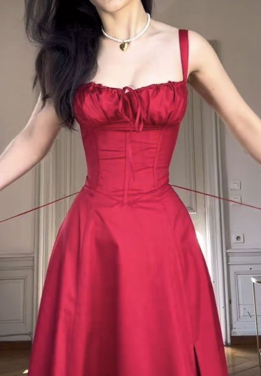 Women's Sleeveless Red Square Neck Party Prom Dress Split Sexy A-Line Midi Dress       fg6008