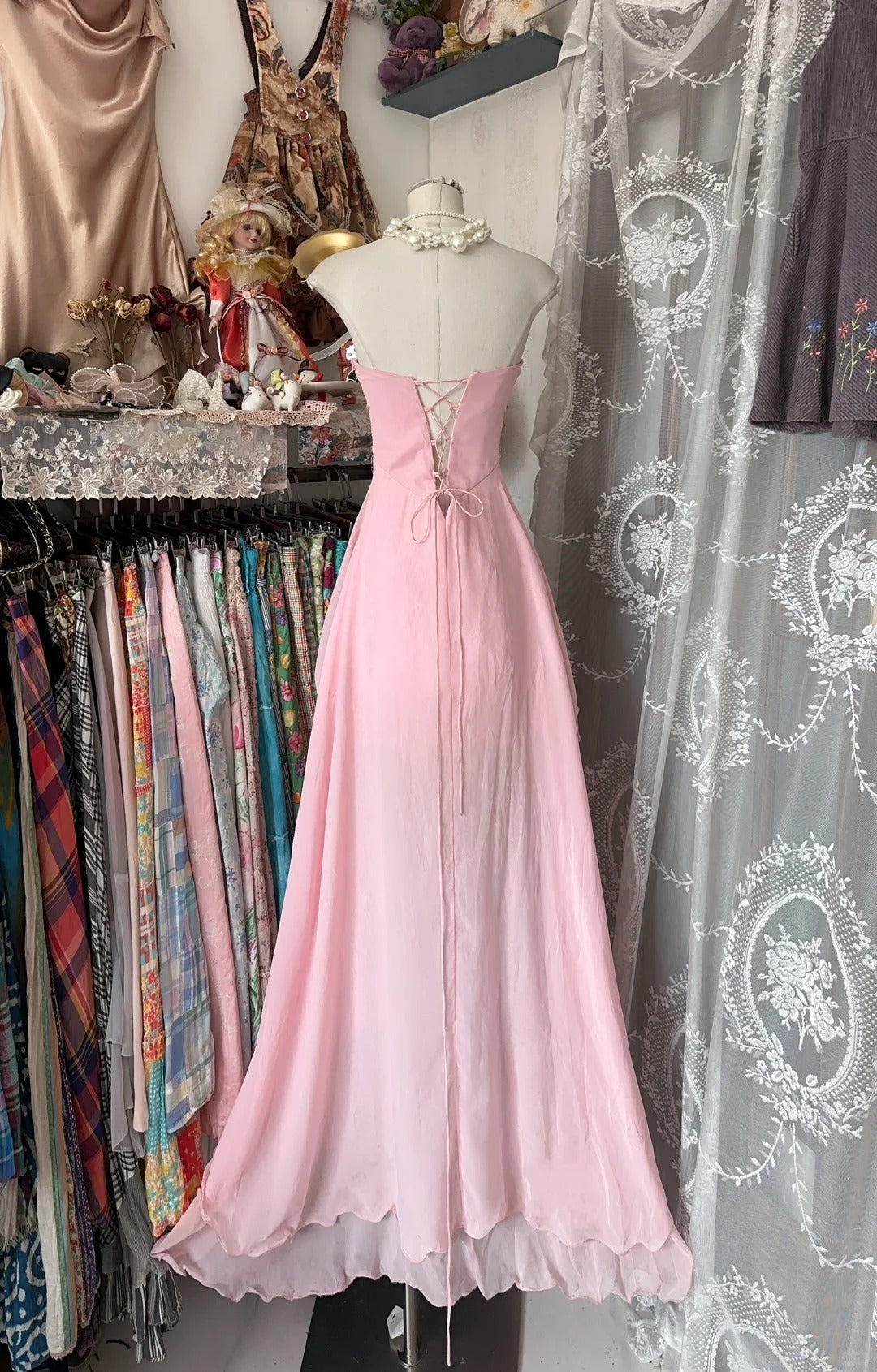 Pink Chiffon Strapless Long Prom Dresses Vintage Formal Evening Dress  fg7591