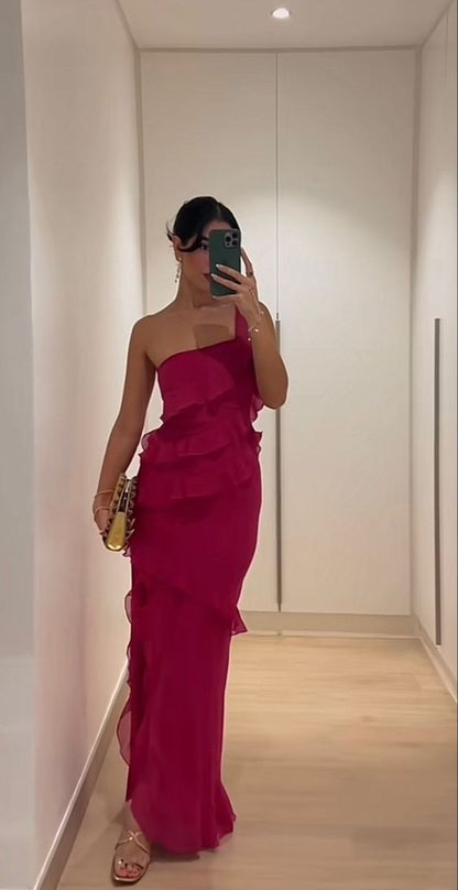 Sexy Sheath One Shoulder Chiffon Hot Pink Prom Dresses           fg6375