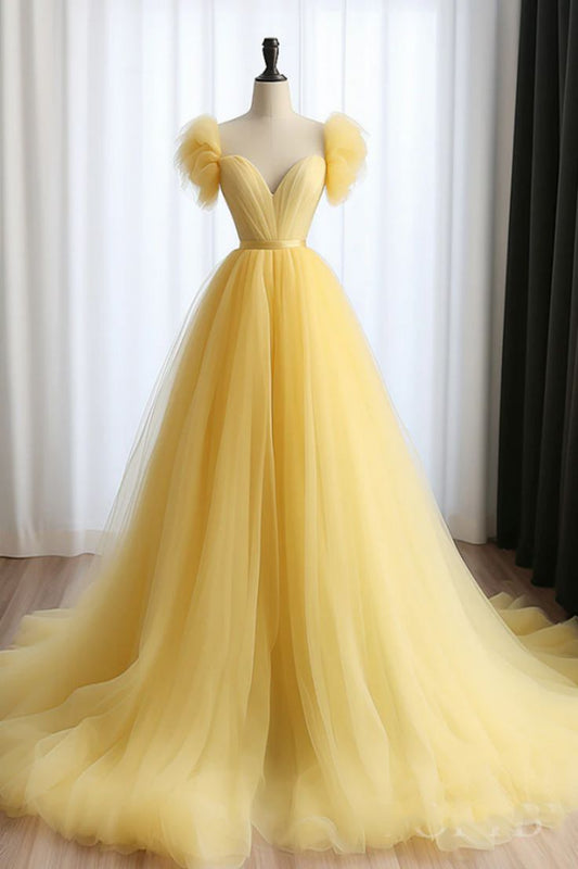 A Line Sweetheart Neck Tulle Yellow Long Prom Dress, Yellow Long Formal Dress       fg5440