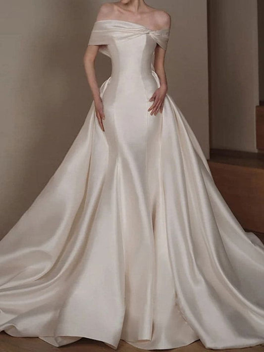 Luxury Satin A-Line Wedding Dress Boat Neck Sleeveless Off Shoulder Bridal Gown   fg7609