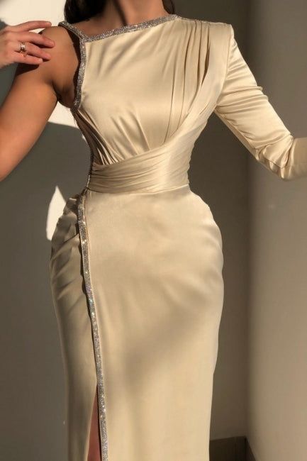 Elegant Ivory One-shoulder Long-Sleeve Sheath Prom Dresses with Sequins    fg677