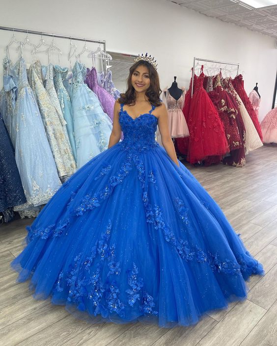 Royal Blue Quinceanera Dresses Lace Appliques Off Shoulder Tulle Evening Gowns     fg5524