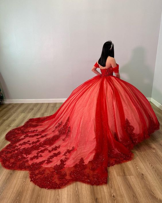 Red Off The Shoulder Ball Gown,Red Sweet 16 Dress,Princess Dress    fg5629