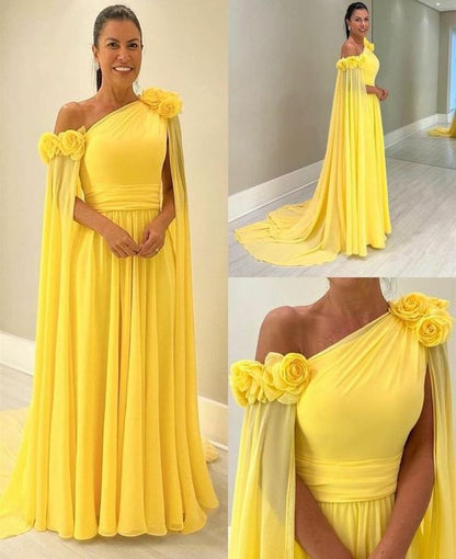 Vintage Long One Shoulder Evening Desses With Flower A-Line Floor Length Sweep Train Prom Dresses for Women      fg6353