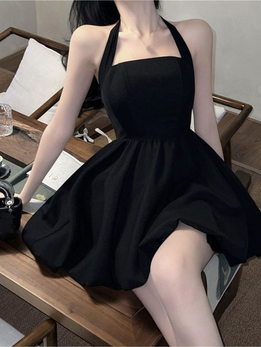 Halter Black Short Dress Women New Summer Sleeveless A-line Evening Party Dresses       fg6144