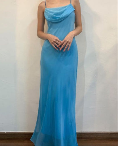 Spaghetti Straps Blue Chiffon Sheath Long Prom Dresses       fg6681