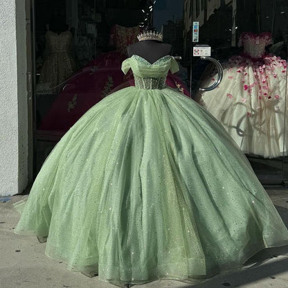 Sage Green Luxury Quinceanera Dresses Off The Shoulder Green Ball Gown Prom Dress      fg5771