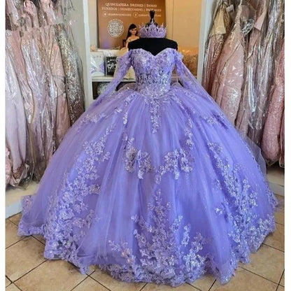 Lilac Quinceanera Dresses Long Sleeve 3D Flowers Appliques Lace-Up Prom Sweet 16 Princess Dresse Vestidos De 15 Anos        fg5694