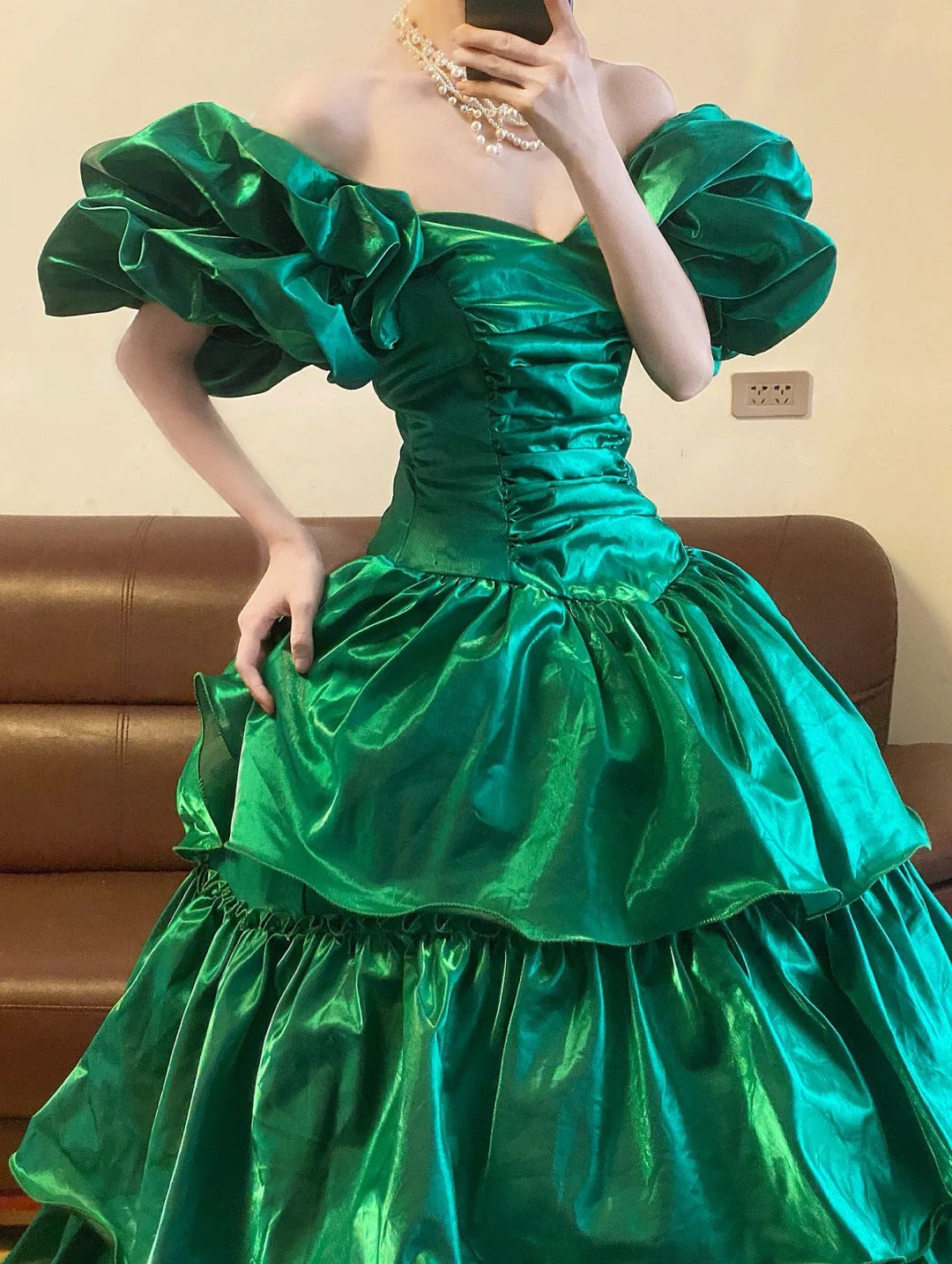 Emerald Green Off Shoulder Long Prom Dresses Vintage Formal Evening Dress  fg7590