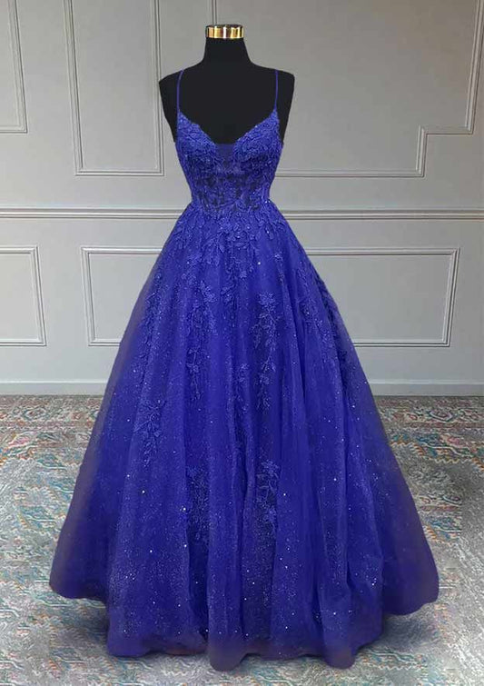 Royal Blue Prom Dresses, A-line V Neck Spaghetti Straps Long/Floor-Length Tulle Prom Dress With Appliqued Beading Glitter       fg5413