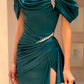 High Quality Off The Shoulder Dark Green Satin Prom Dresses Beaded Evening Gown       fg6209