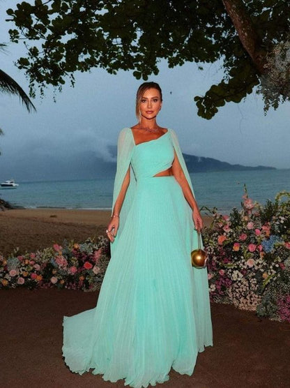 Party Dresses Elegant Mint Green Chiffon Prom Dress A-Line Long Cape Sleeves Floor Length Formal Evening Gowns    fg6254