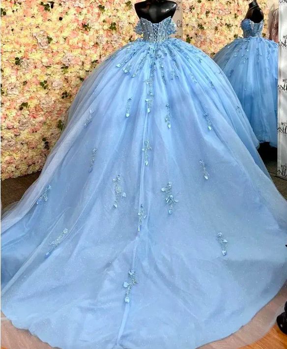 Sparkly Sky Blue Quinceanera Dress Ball Gown Appliques Beading Sequins Sweet 15 16 Dress      fg6627