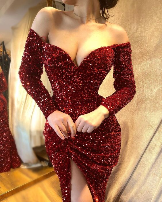 Short Prom Dresses Sequin Long Sleeve Sheath Party Dress       fg6268