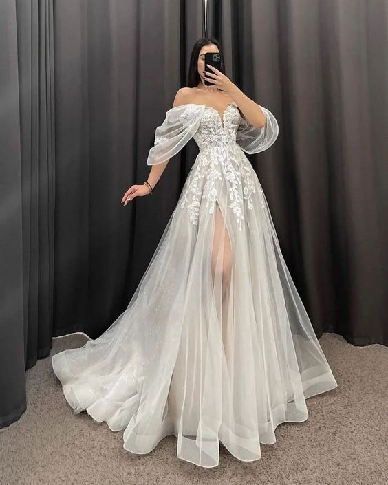 Ivory A-Line Wedding Dresses Women V-Neck Short Sleeves Long Bride Dress      fg6237