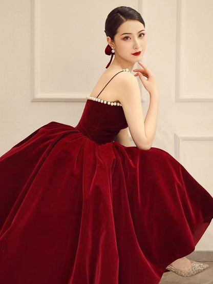 Spaghetti strap evening dress,red party dress,velvet prom dress     fg6232