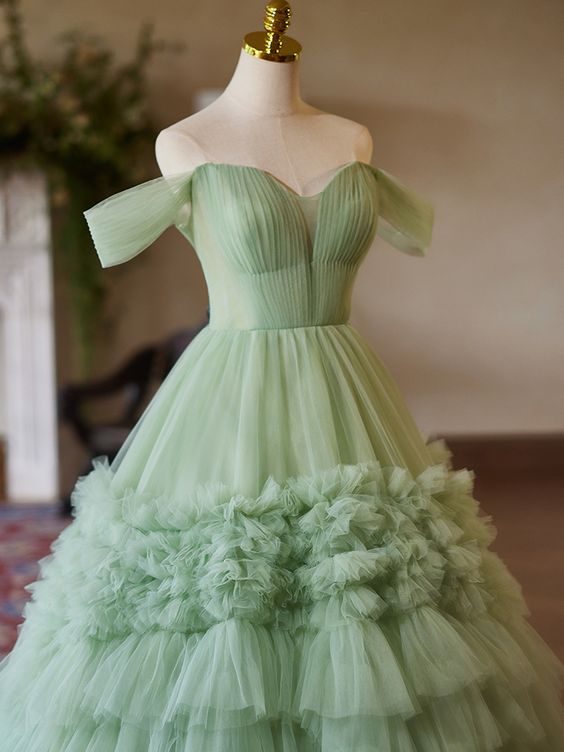 A-Line off Shoulder Tulle Green Long Prom Dress, Green Sweet 16 Dress      fg6744