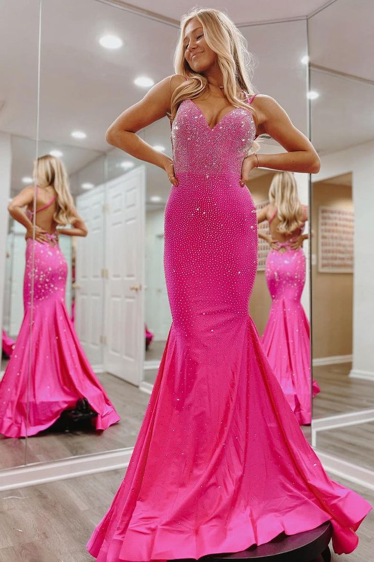 Hot Pink V Neck Satin Mermaid Long Prom Dresses with Beaded      fg6746