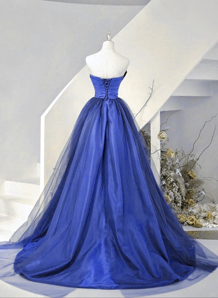 Blue Satin And Tulle Long Party Dress Prom Dress, Blue Evening Dress      fg6736