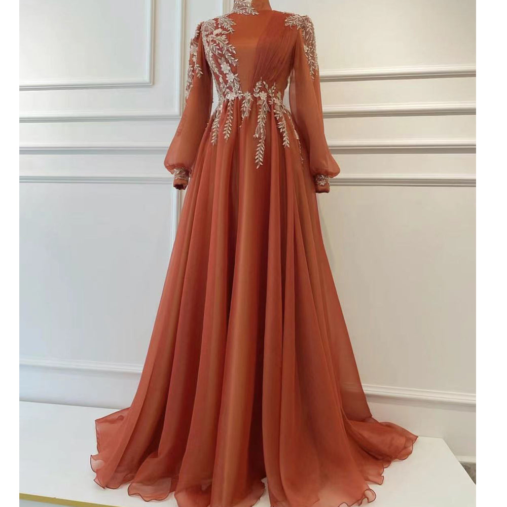 Long Sleeve Prom Dresses, High Neck Prom Dresses, Appliques Evening Dresses, A Line Prom Dresses      fg6653