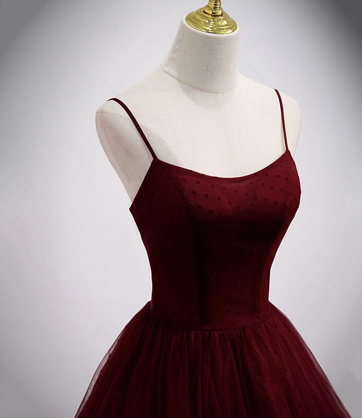 Burgundy tulle long prom dress A line evening gown     fg6739