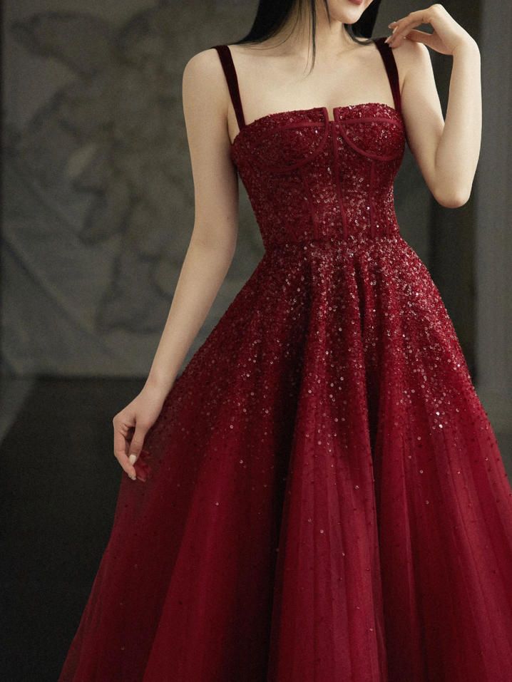 Burgundy Prom Dresses A line Straps Tulle Evening Dresses      fg6734