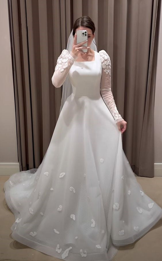 Modest White A-line Long Sleeves Wedding Dress,White Bridal Dress     fg6818