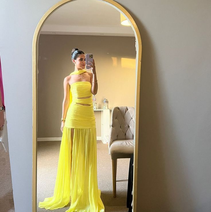 Strapless Yellow A Line Long Prom Dress Formal Party Gown        fg6457