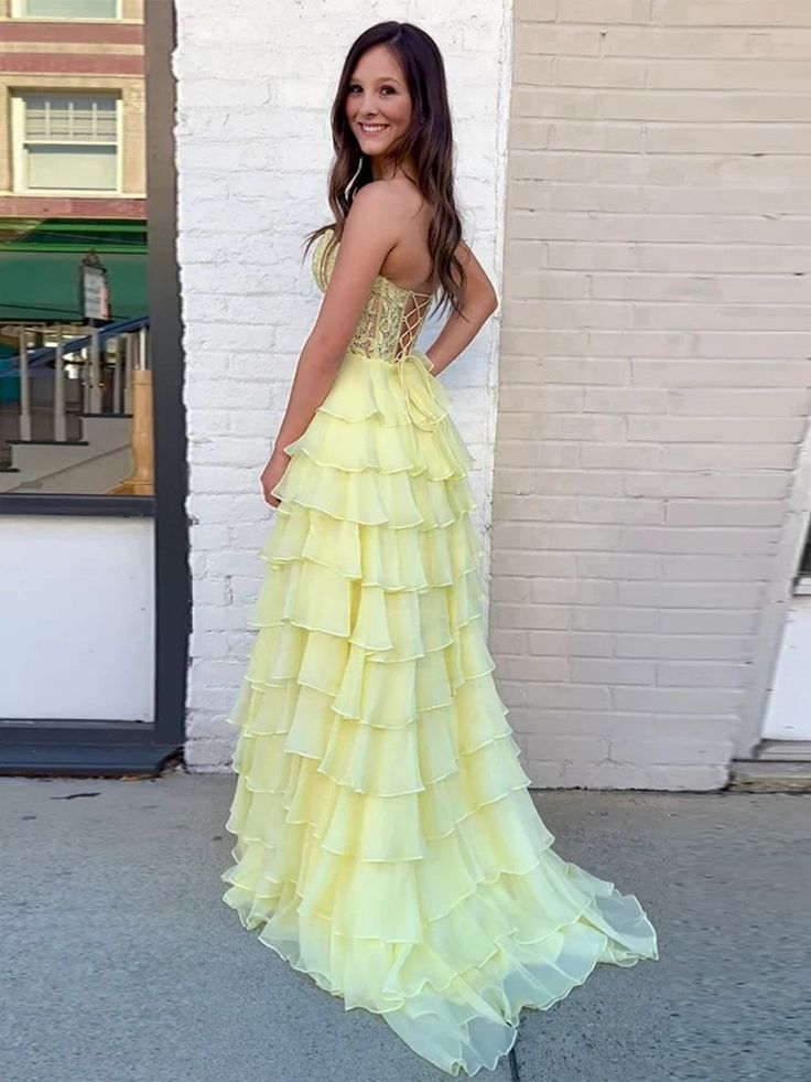 Strapless Layered Yellow Lace Top Long Prom Dresses, Long Yellow Formal Dresses, Yellow Chiffon Evening Dresses        fg6690