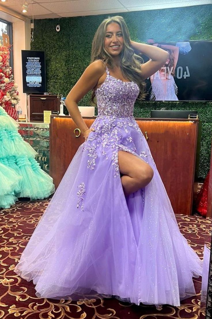 Shiny Purple Lace Long Prom Dress with High Slit, Purple Lace Formal Dress, Purple Evening Dress       fg6217