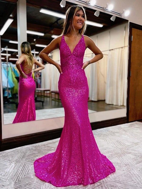 Sheath/Column V-Neck Court Train Sequins Prom Dresses      fg6213