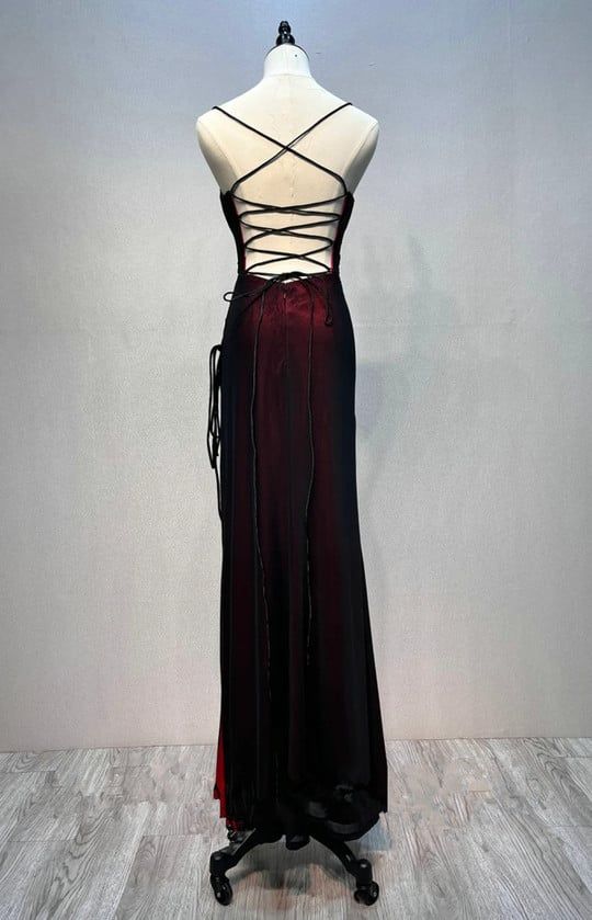 Black And Red Mermaid Straps Long Evening Dress, Long Prom Dress With Leg Slit          fg6203