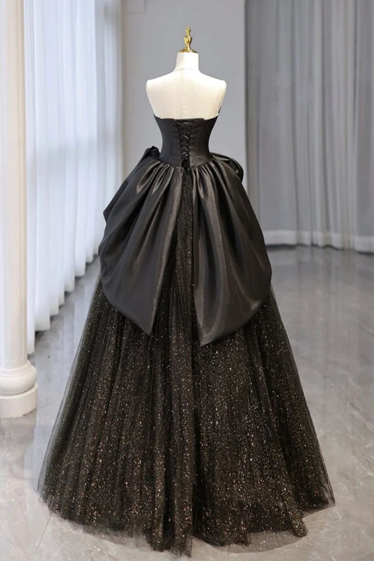 Shiny Black Tulle Strapless Long Prom Dresses, Black Tulle Formal Evening Dresses            fg6373