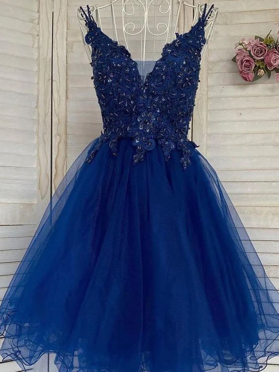 V Neck Blue Tulle Lace Short Prom Dresses, V Neck Blue Tulle Lace Short Formal Evening Dresses       fg6315