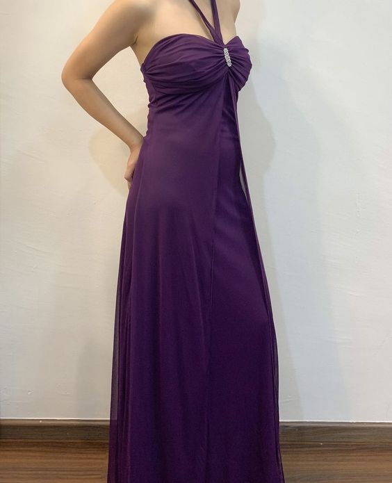 Halter Evening Gown Formal Dress Purple Floor Length Sleeveless Dress     fg6656