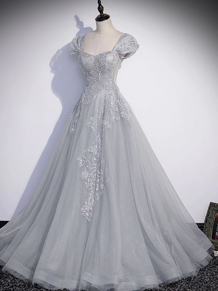 Gray Sweetheart Neck Tulle Lace Long Prom Dress, Gray Evening Dress      fg6115