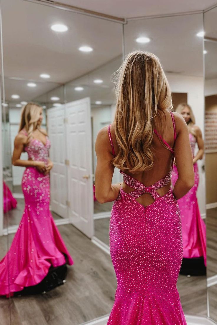 Hot Pink V Neck Satin Mermaid Long Prom Dresses with Beaded      fg6746