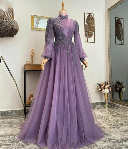 A-line Purple Muslim Evening Dresses    fg6038