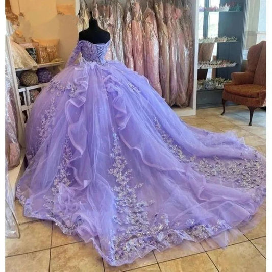 Lilac Quinceanera Dresses Long Sleeve 3D Flowers Appliques Lace-Up Prom Sweet 16 Princess Dresse Vestidos De 15 Anos        fg5694