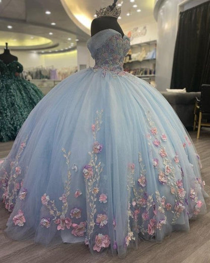 Light Blue Puffy Ball Gown Quinceanera Dresses Off Shoulder Flower Corset Sweet 16 Dress     fg5683