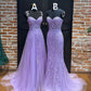 A-line V Neck Sweep Train Tulle Prom Dress with Appliqued Beading      fg5935