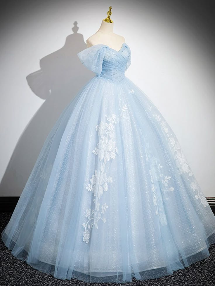 A-Line Off Shoulder Tulle Sequin Blue Long Prom Dress, Blue Sweet 16 Dress    fg6727