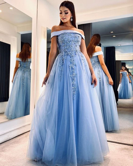 Off the shoulder applique tulle prom dresses beaded long evening dress     fg6741