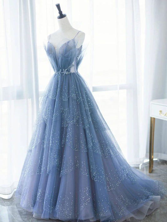 Blue Tulle Gorgeous V Neck Long Prom Dress, A-line Tulle Formal Evening Dress     fg5394