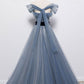 Blue off the shoulder tulle long prom dress , sparkling formal dress        fg5442