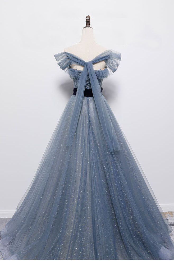 Blue off the shoulder tulle long prom dress , sparkling formal dress        fg5442