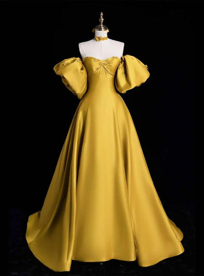 Yellow Satin Lace Long Prom Dress, Beautiful A-Line Off the Shoulder Evening Party Dress        fg6755