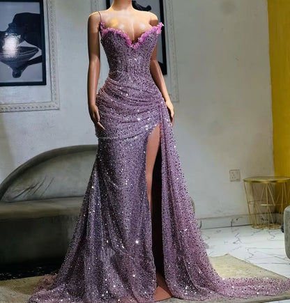 Light Purple High Split Evening Dresses, Sweetheart Mermaid Prom Dresses, Elegant Dresses for Wedding      fg6769